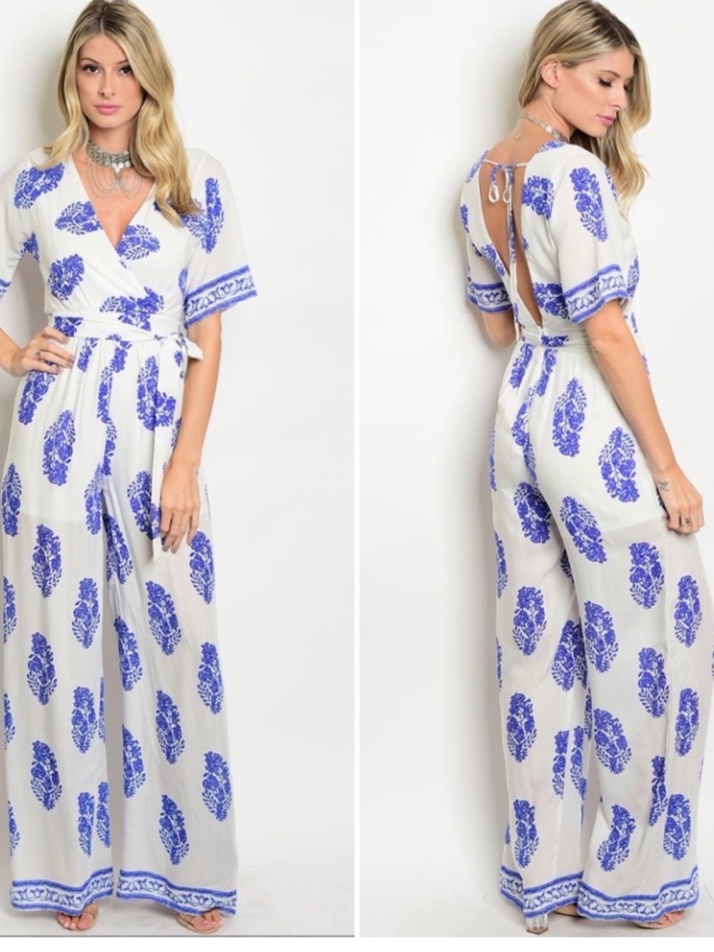 a'gaci White and Blue Floral Wrap-Front Jumpsuit